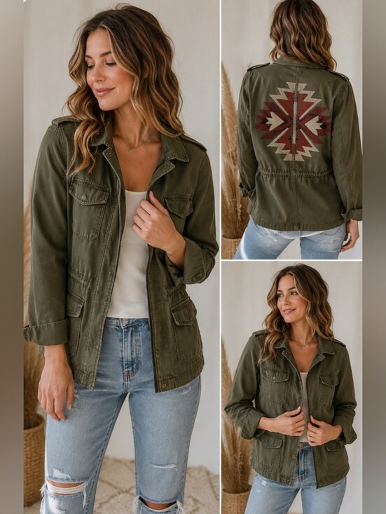 Blu Pepper Jackets & Blazers - Blu Pepper Olive Utility Jacket M Southwest‎ Aztec Embroidered Back Boho Western